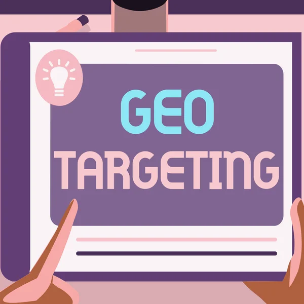 Text showing inspiration Geo Targeting. Internet Concept Digital Ads Views IP Address Adwords Campaigns Location Illustration Of A Hand Using Big Tablet Searching Plans For New Amazing Ideas — Stockfoto