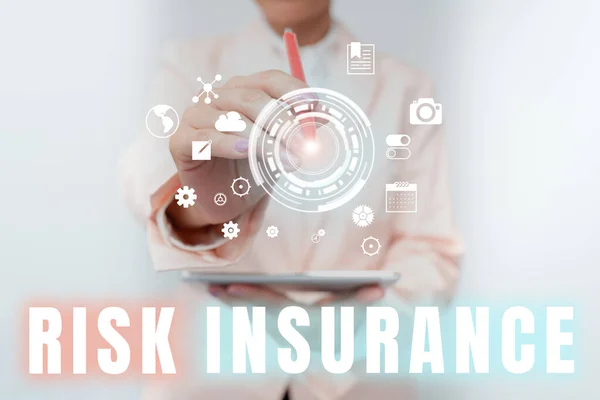 Handwriting text Risk Insurance. Business overview The possibility of Loss Damage against the liability coverage Business Woman Touching Digital Data On Holographic Screen Interface. — Fotografia de Stock