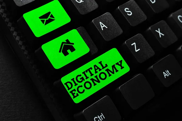 Kavramsal görüntü Dijital Ekonomi. Çevrimiçi Daktilo Servisi Oluşturma, Bilgisayar Programı Kodları Öğrenme Dünya çapındaki Ekonomik Faaliyetler ve Teknolojiler Ağı İş Genel Görünümü