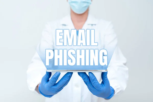 Texte manuscrit Email Phishing. Vitrine commerciale Courriels pouvant renvoyer à des sites Web qui distribuent des logiciels malveillants Démonstration de la technologie médicale Présentation d'une nouvelle découverte scientifique — Photo