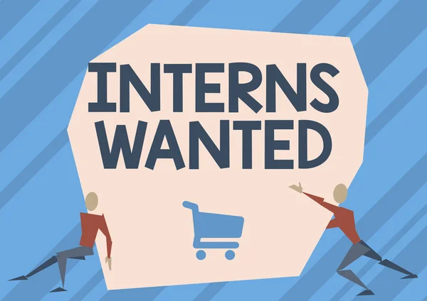 Inspiration showing sign Interns Wanted. Concept meaning Looking for on the job trainee Part time Working student Two Men Illustration Trying To Lift Extra Large Rock To Free The Way. — Stockfoto