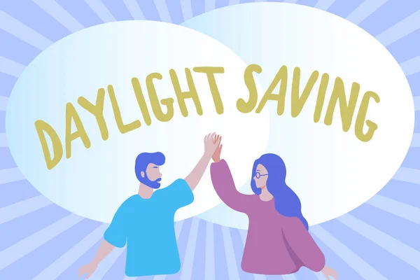 Inspiration showing sign Daylight Saving. Business concept Storage technologies that can be used to protect data Happy Colleagues Illustration Giving High Fives To Each Other. — Fotografia de Stock
