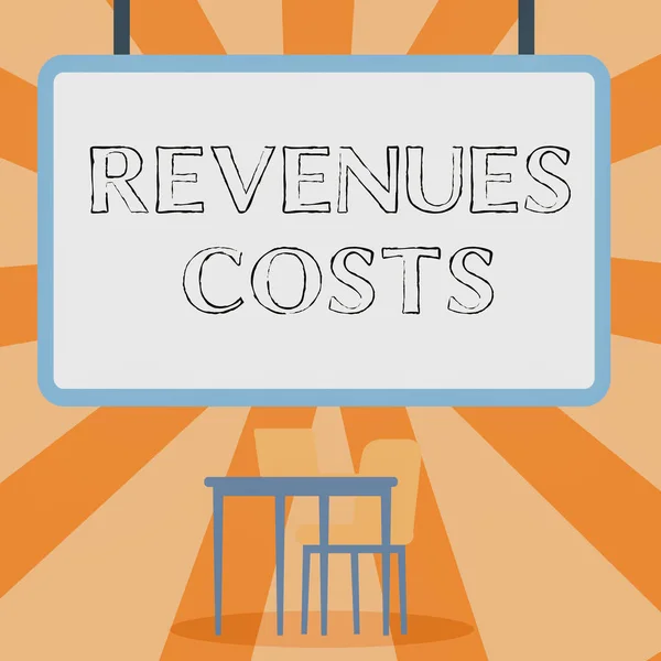 Text showing inspiration Revenues Costs. Business concept Total amount of money in Manufacturing and Delivery a product Blank Whiteboard With Laptop Placed On Top Of Table With Chair. — Foto Stock