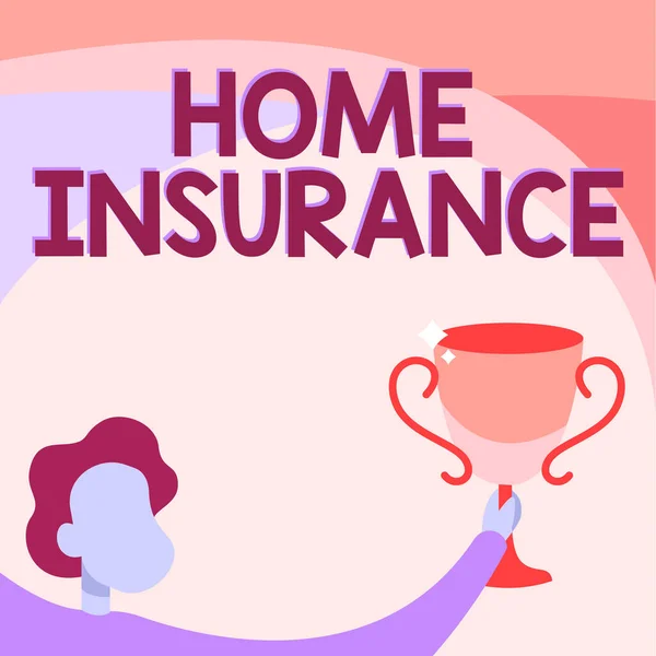 Text showing inspiration Home Insurance. Conceptual photo Covers looses and damages and on accidents in the house Man Holding Trophy Cup Up High Celebrating Victory Achievement. — Stock Photo, Image