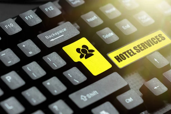 Sign displaying Hotel Services. Word Written on Facilities Amenities of an accommodation and lodging house Typing Hospital Records And Reports, Creating New Ebook Reading Program — Stockfoto