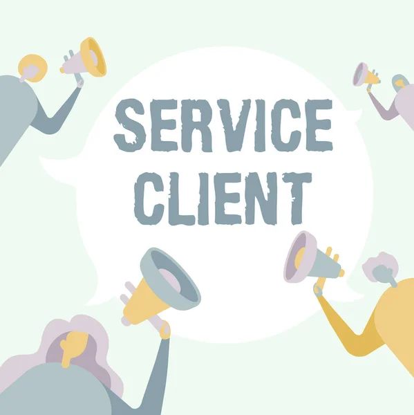 Inspiration showing sign Service Client. Business idea Dealing with customers satisfaction and needs efficiently People Drawing Holding Their Megaphones Talking With Each Other. — Foto Stock