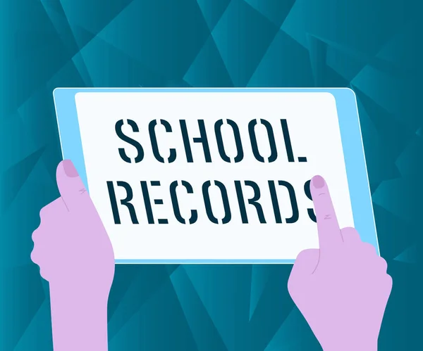 Handwriting text School Records. Word for Information that is kept about a child at school Biography Illustration Of A Hand Using Tablet Searching For New Amazing Ideas. — Stockfoto