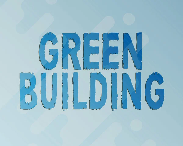 テキストを表示する緑の建物を書く。環境に責任ある構造で書かれた言葉持続可能なライン様々な形と色を持つイラストの背景. — ストック写真