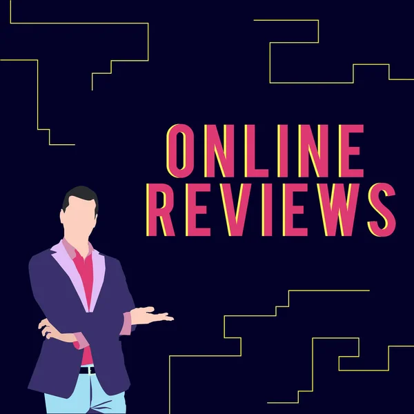 Scrittura visualizzazione del testo Recensioni online. Parola per la valutazione del prodotto feedback dei clienti pubblicare nel sito web Illustrazione di uomo d'affari che indossa cappotto che presenta nuove idee meravigliose. — Foto Stock