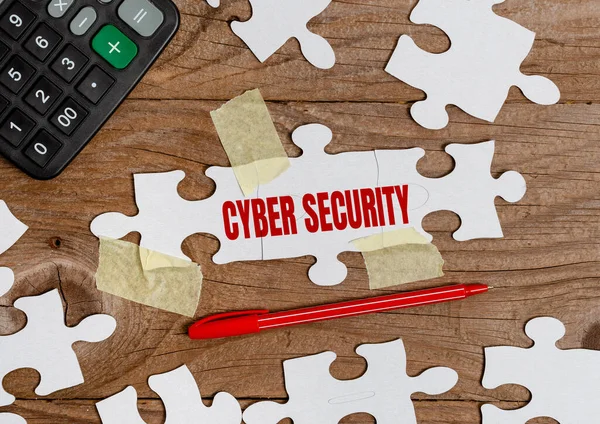 Text caption presenting Cyber Security. Business idea Protect a computer system against unauthorized access Building An Unfinished White Jigsaw Pattern Puzzle With Missing Last Piece — Stockfoto