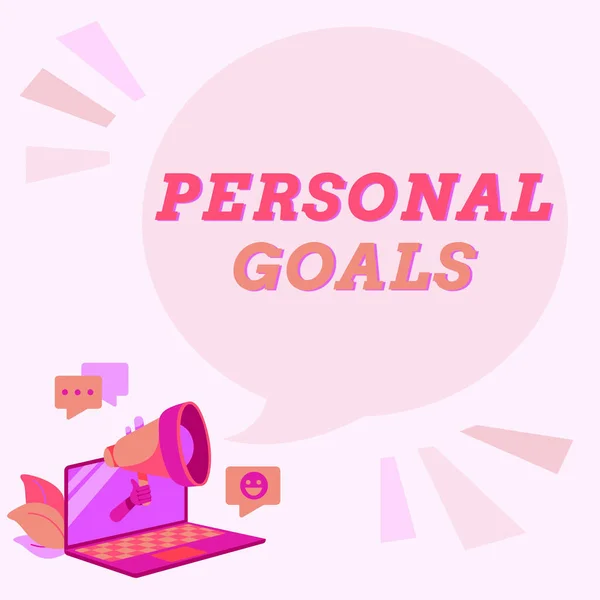 Text showing inspiration Personal Goals. Business idea Target set by a person to influence his efforts Motivation Laptop Drawing Sharing Comments And Reactions At Chat Cloud Over Megaphone. — Foto Stock