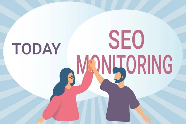 Conceptual caption Seo Monitoring. Business overview Tracking the progress of strategy made in the platform Happy Colleagues Illustration Giving High Fives To Each Other. — Fotografia de Stock