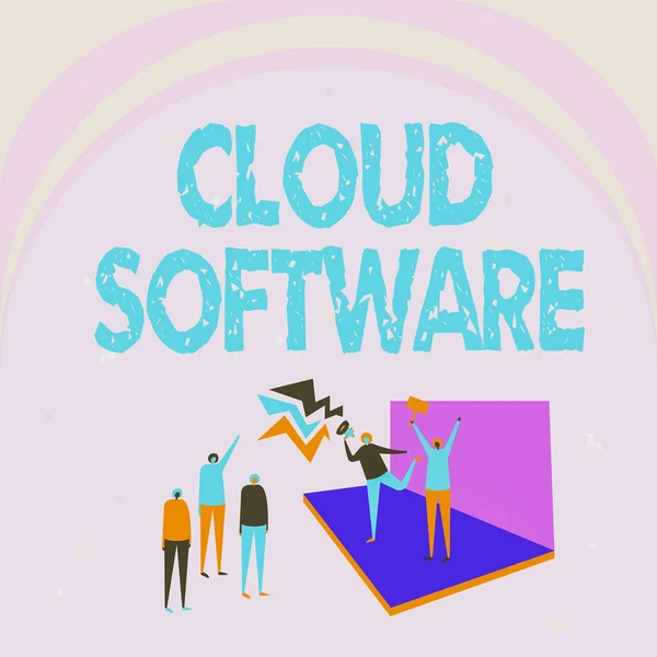 Conceptuele weergave Cloud Software. Business idee Programma 's gebruikt in het opslaan van toegang tot gegevens via het internet Illustratie van paar op het podium maken van aankondiging aan de kleine menigte. — Stockfoto