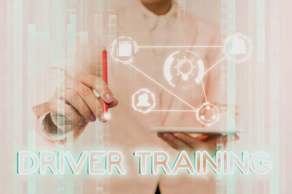 Writing displaying text Driver Training. Business concept prepares a new driver to obtain a driver s is license Lady In Uniform Touching And Using Futuristic Holographic Technology. — Stockfoto