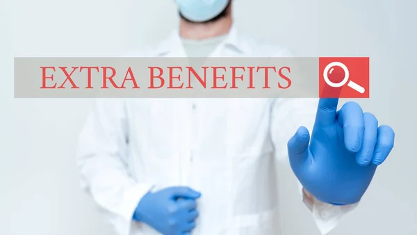 Text caption presenting Extra Benefits. Conceptual photo Additional compensation Bonus Subsidies Incentives Allowances Doctor Explaining Medical Terms, Scientist Teaching Laboratory Safety — Stock Photo, Image