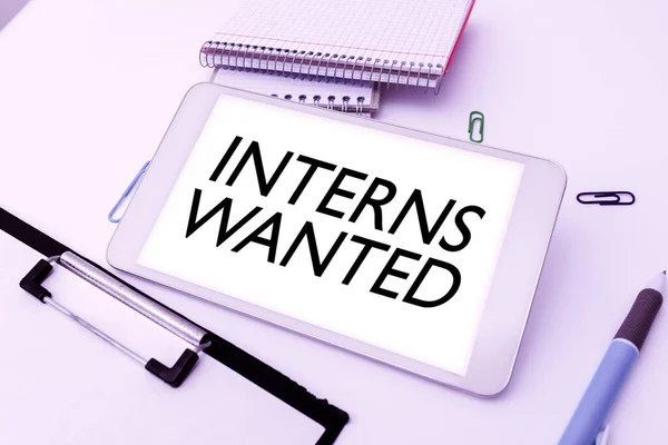 Text caption presenting Interns Wanted. Word for Looking for on the job trainee Part time Working student Smartphone With Voice And Video Calls Device For Long Range Connections — Stockfoto