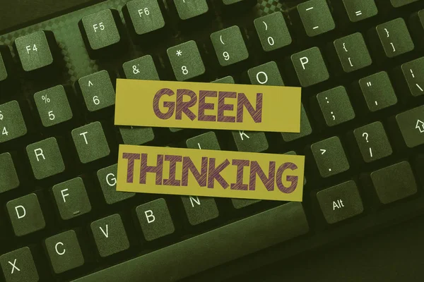 Pokaz koncepcyjny Green Thinking. Pojęcie znaczenie Biorąc pod uwagę, aby odpowiedzialność za środowisko rzeczywistość Tworzenie nowych Online Cookbook, Pisanie i udostępnianie receptur gotowania — Zdjęcie stockowe