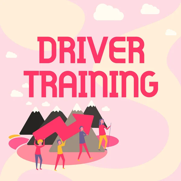 Inspiration showing sign Driver Training. Business approach prepares a new driver to obtain a driver s is license Four Colleagues Illustration Climbing Mountain Holding Large Arrow. — Stock Photo, Image