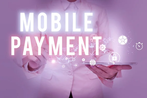 Text caption presenting Mobile Payment. Concept meaning Cashless Payment made through portable electronic devices Lady In Suit Holding Phone And Performing Futuristic Image Presentation. — Stockfoto