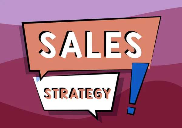 Conceptuele bijschrift Sales Strategy. Internet Concept Plan voor het bereiken en verkopen aan uw doelgroep markt Marketing Twee kleurrijke Overlapping Dialoog Box Tekenen met uitroepteken. — Stockfoto