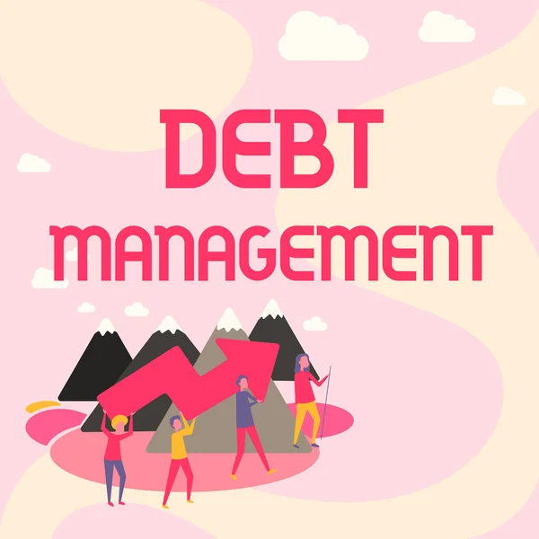 Sign displaying Debt Management. Business concept The formal agreement between a debtor and a creditor Four Colleagues Illustration Climbing Mountain Holding Large Arrow. — Stockfoto