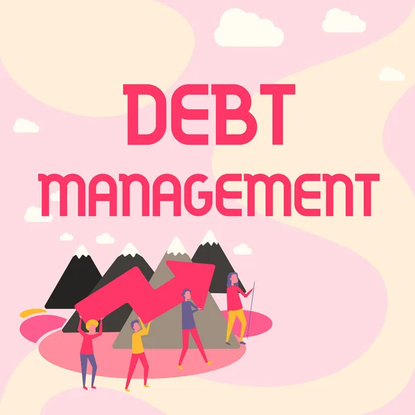 Teken het tonen van Debt Management. Bedrijfsconcept De formele overeenkomst tussen een debiteur en een crediteur Vier Collega 's Illustratie Klimmen Bergbeklimmen Grote Pijl. — Stockfoto