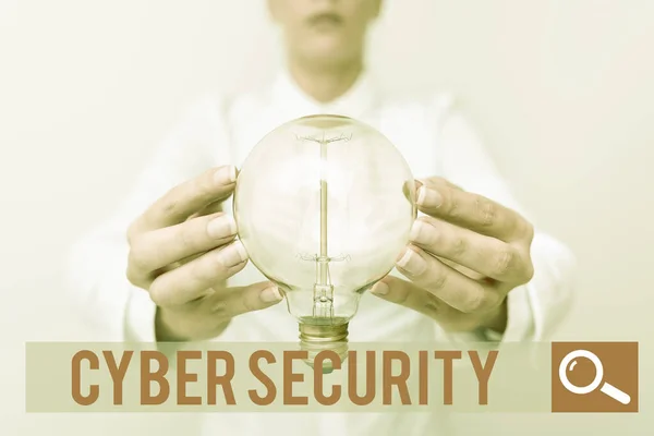 Sign displaying Cyber Security. Business overview Protect a computer system against unauthorized access Lady in outfit holding lamp with two hands presenting new technology ideas — Stockfoto