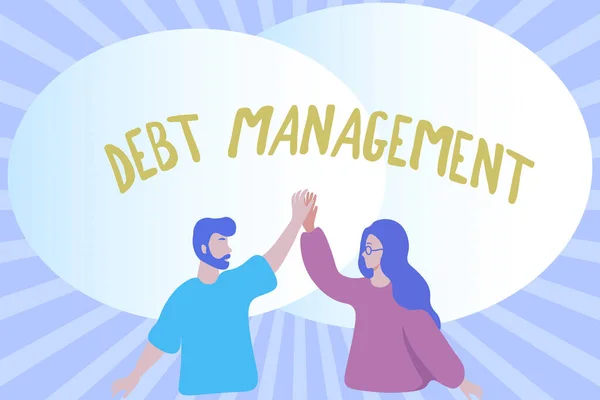 Text showing inspiration Debt Management. Business approach The formal agreement between a debtor and a creditor Happy Colleagues Illustration Giving High Fives To Each Other. — Stockfoto