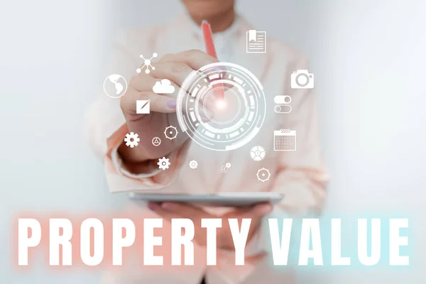 Hand writing sign Property Value. Word for Worth of a land Real estate appraisal Fair market price Business Woman Touching Digital Data On Holographic Screen Interface. — Foto Stock