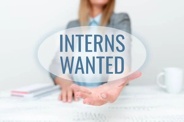 Sign displaying Interns Wanted. Conceptual photo Looking for on the job trainee Part time Working student Explaining New Business Plans, Orientation And Company Introduction — Stockfoto