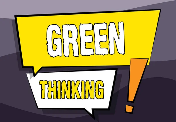 Text sign showing Green Thinking. Conceptual photo Taking ction to make environmental responsibility a reality Two Colorful Overlapping Dialogue Box Drawing With Exclamation Mark. — 图库照片