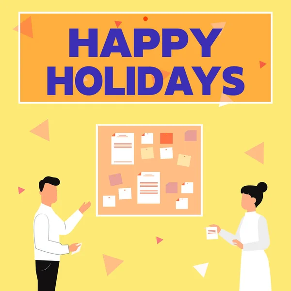 Text sign showing Happy Holidays. Business concept observance of the Christmas spirit lasting for a week Illustration Of Couple Presenting Ideas Holding Notes Sticking On Boards. — 图库照片