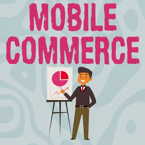Conceptual caption Mobile Commerce. Business approach all online commercial transactions using smartphones Businessman Wearing Casual Standing Presenting Charts And Ideas. — 图库照片