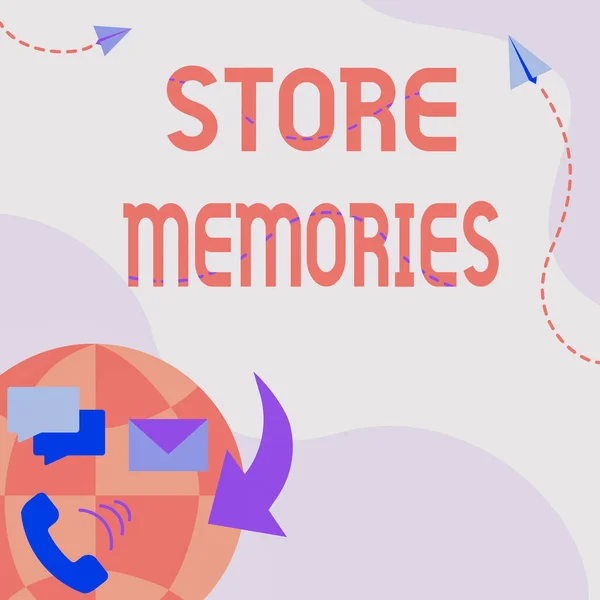 Tekst bijschrift met Store Memories. Business concept een proces van het invoeren en opslaan van gegevens eerder verworven Internet Network Drawing With Colorful Messaging S. — Stockfoto