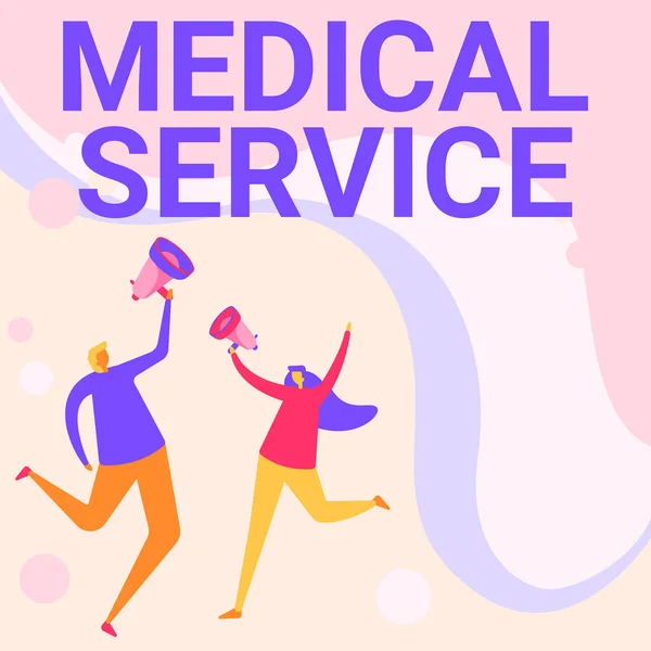 Sign displaying Medical Service. Word for treat illnesses and injuries that require medical response Illustration Of Partners Jumping Around Sharing Thoughts Through Megaphone. — Fotografia de Stock