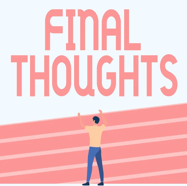 Conceptual display Final Thoughts. Business idea Conclusion Last Analysis Recommendations Finale of idea Athletic Man Standing On Track Field Raising Both Hand Showing Celebration. — Stockfoto