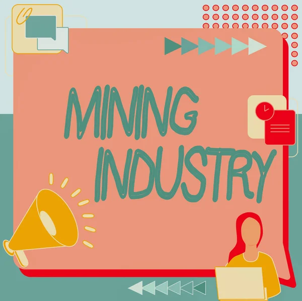 Madencilik Endüstrisi kavramsal gösterim. Değerli minerallerin ve jeolojik materyallerin çıkarılması üzerine yazılmış bir kelime. Kadın, Megafon 'un yanında çalışırken çiziyor. Yeni bir duyuru yapıyor.