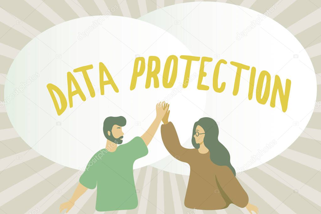 Text showing inspiration Data Protection. Business idea Protect IP addresses and personal data from harmful software Happy Colleagues Illustration Giving High Fives To Each Other.
