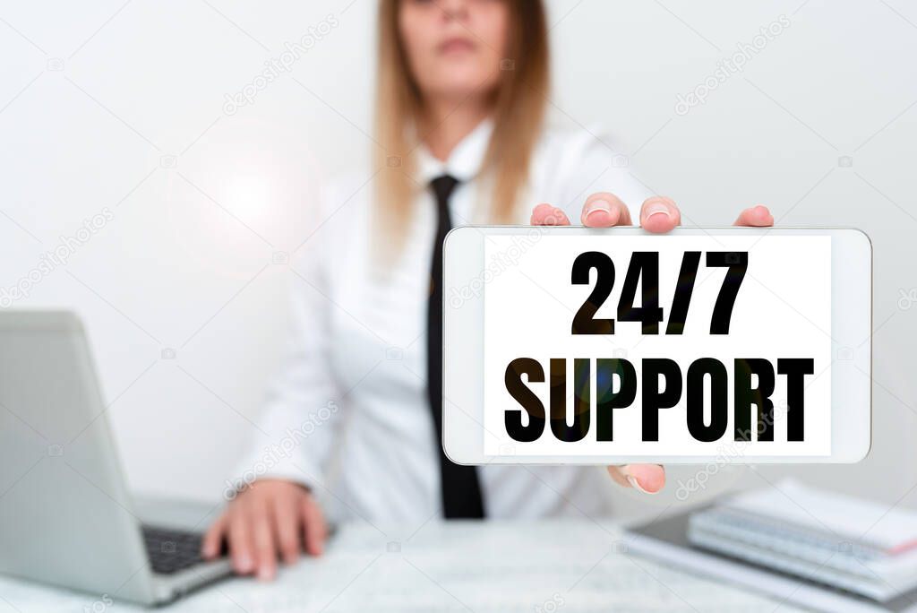 Conceptual display 24 Or 7 Support. Business concept Giving assistance to service whole day and night No downtime Intern Starting A New Job Post, Student Presenting Report Studies