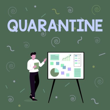 Karantinayı gösteren bir tabela. Kişinin faaliyetlerini veya mal taşımacılığını kısıtlama sözcüğü. İşadamı, Başarı İçin Fikirleri Sunar.