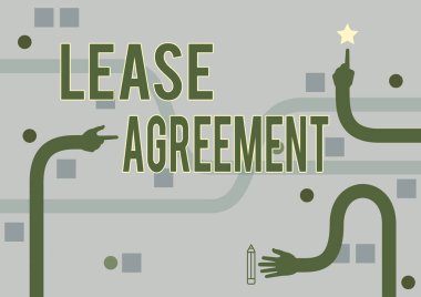 Kira sözleşmesini sunan metin başlığı. İş Genel Bakış Sözleşmesi 'nde kira sözleşmesi imzalandı. Üç Uzun El Silah Çekme, Parmak Dokunma Hareketi.