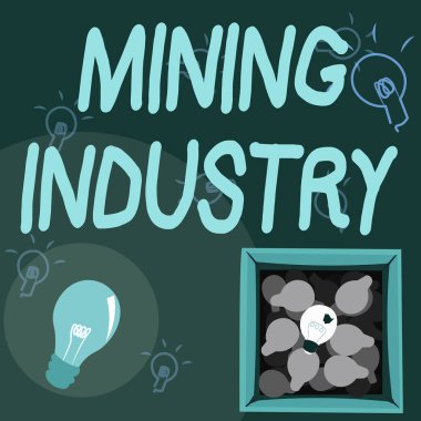 El yazısı tabelası Madencilik Endüstrisi. Değerli minerallerin ve jeolojik malzemelerin iş özeti Kutuda Yeni Keşifler Gösteren Parlayan Ampul.