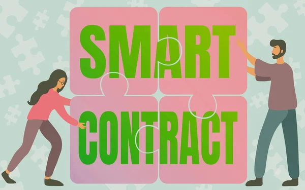 Texto de escritura a mano Smart Contract. Foto conceptual acuerdo digital para controlar la transferencia de monedas digitales Colegas Dibujo Montaje de cuatro piezas de rompecabezas juntos Trabajo en equipo. — Foto de Stock