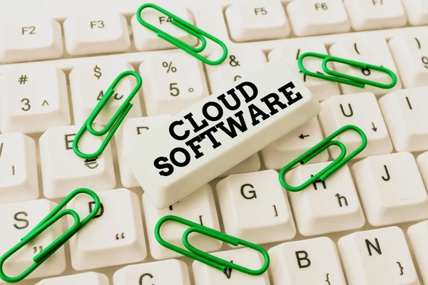 Text caption presenting Cloud Software. Business idea Programs used in Storing Accessing data over the internet Transcribing Online Voice Recordings, Typing And Recording Important Notes — Foto Stock