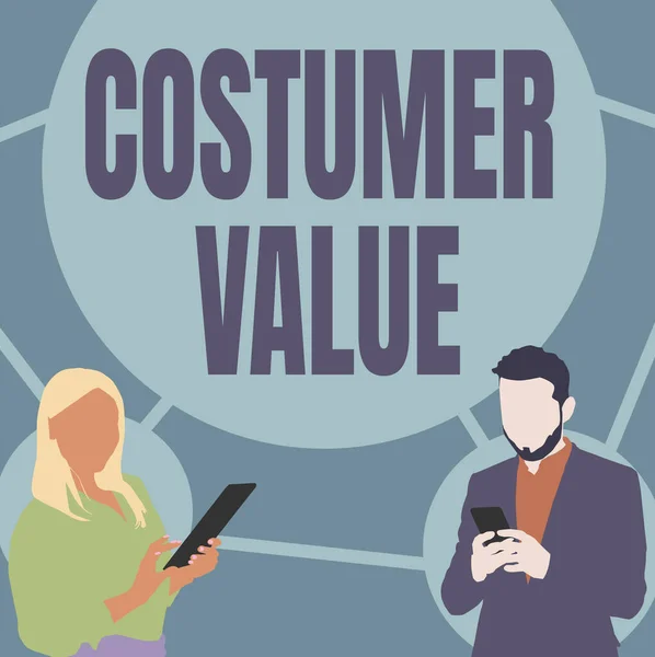 Text caption presenting Costumer Value. Internet Concept Amount of benefits which clients get from purchasing products Illustration Of Partners Busy Using Smartphones Searching Ideas. — Foto Stock