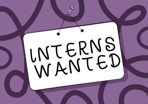 Text showing inspiration Interns Wanted. Conceptual photo Looking for on the job trainee Part time Working student Pinned Hanging Door Sign Drawing With Empty Writing Space. — Stockfoto