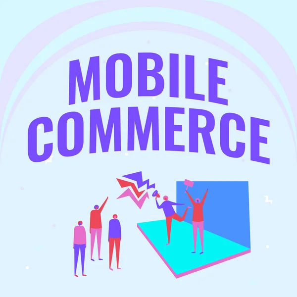 Handwriting text Mobile Commerce. Word for all online commercial transactions using smartphones Illustration Of Couple On Stage Making Announcement To The Small Crowd. — 图库照片