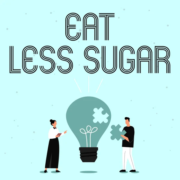 手書き文字以下の砂糖を食べる.砂糖の摂取量を削減し、健康的な食生活豊かな食品を食べるための言葉パートナーのイラストスキル向上のための新しい素晴らしいアイデアを振りかける. — ストック写真