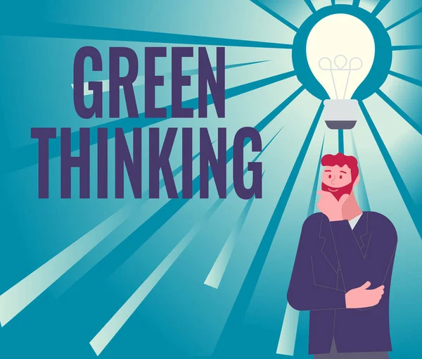 Inspiration showing sign Green Thinking. Word for Taking ction to make environmental responsibility a reality Illustration Of A Man Standing Coming Up With New Amazing Ideas. — Fotografia de Stock