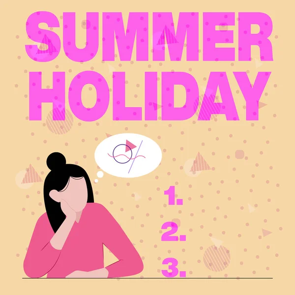 Sign displaying Summer Holiday. Concept meaning special period of time in summer for relaxation and fun Illustration Of Lady Thinking Deeply Alone For New Amazing Tactical Ideas. — Stockfoto